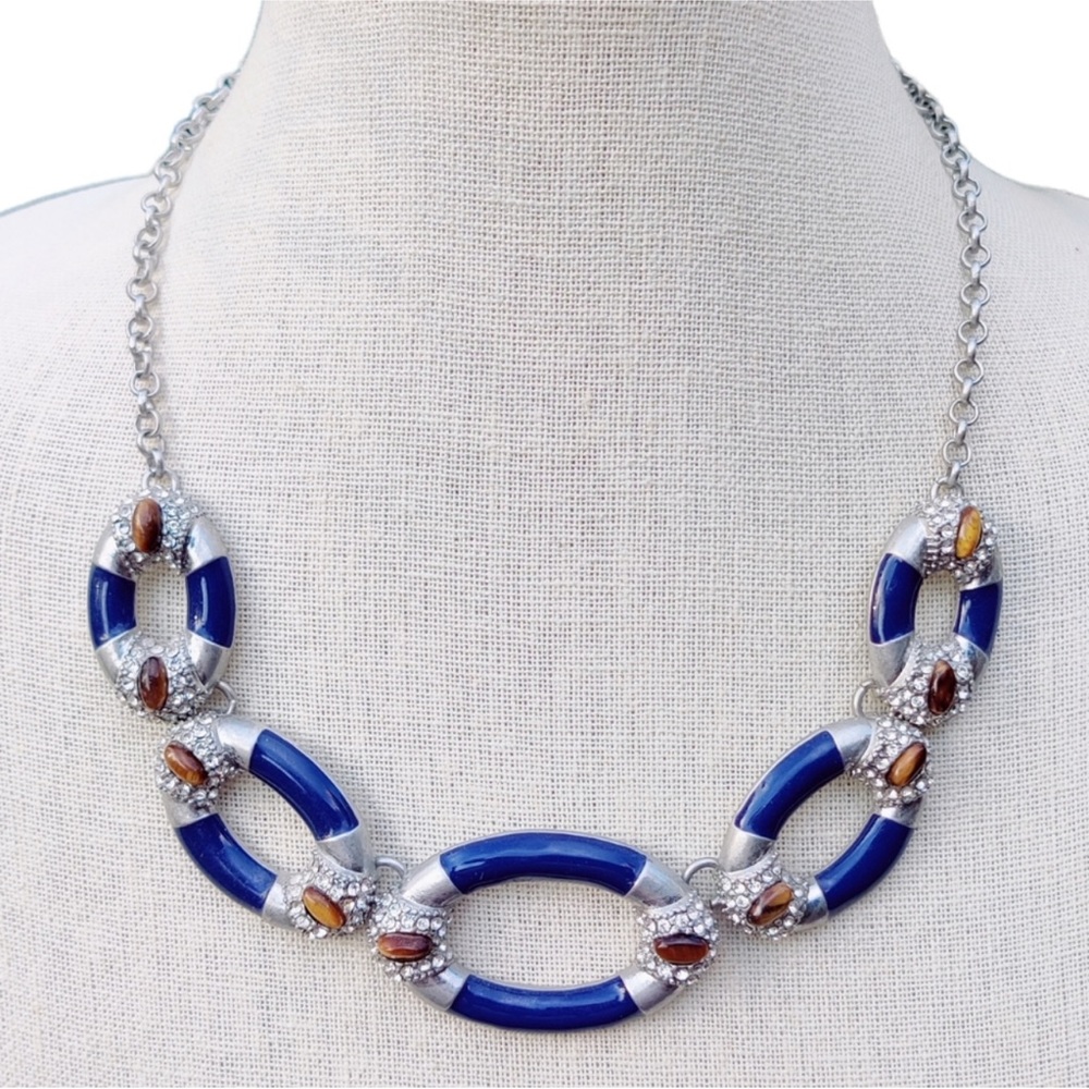 Lia Sophia Designer tigers eye Enameled blue and silver necklace